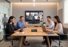 Kako opremiti huddle sobu (2-4 osobe) — kompletan vodič za 2026 Moderna huddle soba sa 4 osobe, video barom i Teams pozivom