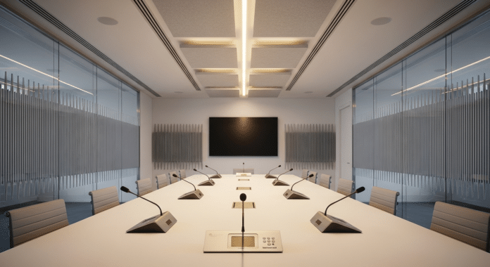 Stakleni boardroom sa akustičkim panelima i konferencijskim mikrofonima