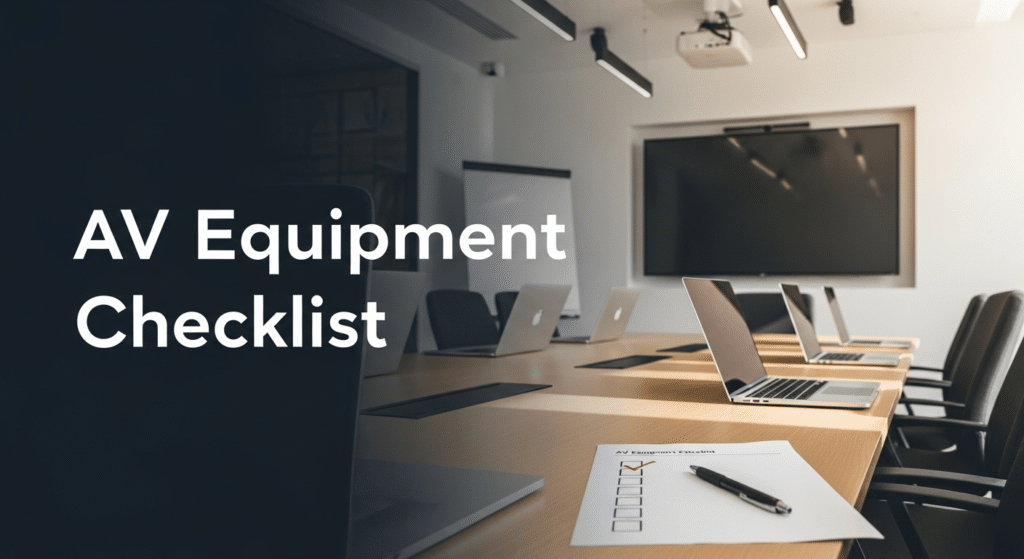 AV Equipment Checklist - konferencijska sala sa displejom, mikrofonima i papirnim checklist-om