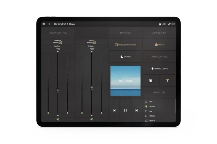AUDAC Touch aplikacija — kontrolni dashboard na tabletu